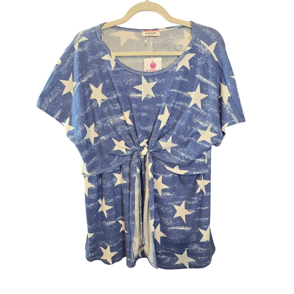 ANDREE BY UNIT Star Print‎ Blue Front Tie Waffle Knit Short Sleeve Top Size L
